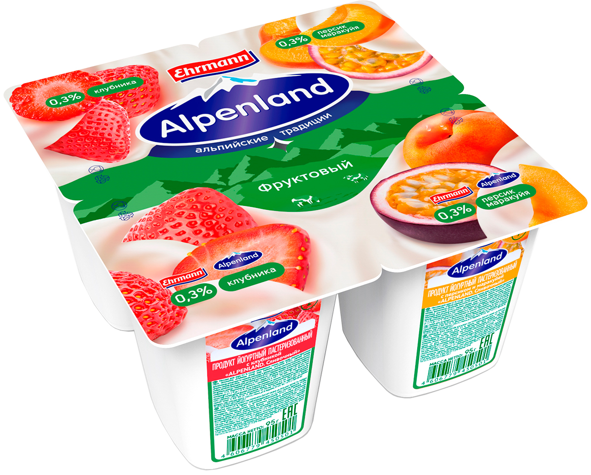 Йогурт. продукт Альпенлэнд Клубника/Персик-Маракуйя 0,3% 
